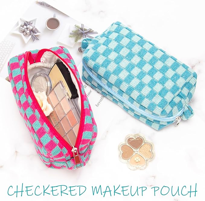 PAZIMIIK Checkered Makeup Bag for Purse Portable Zipper Make Up Pouch Small Cosmetic Case for Travel Accessories Magenta Green