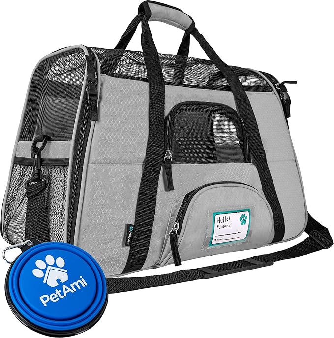 PetAmi Airline Approved Pet Carrier for Cats & Small Dogs, Soft Sided TSA Travel Carrier Bag with Sherpa Bed, Breathable Mesh Ventilation, Collapsible Bowl, Fits Under Seat, Up to 18 lbs, Large Gray