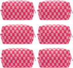 PAZIMIIK Checkered Makeup Bag for Purse Portable Zipper Make Up Pouch Small Cosmetic Case for Travel Accessories (6PCS Hotpink)