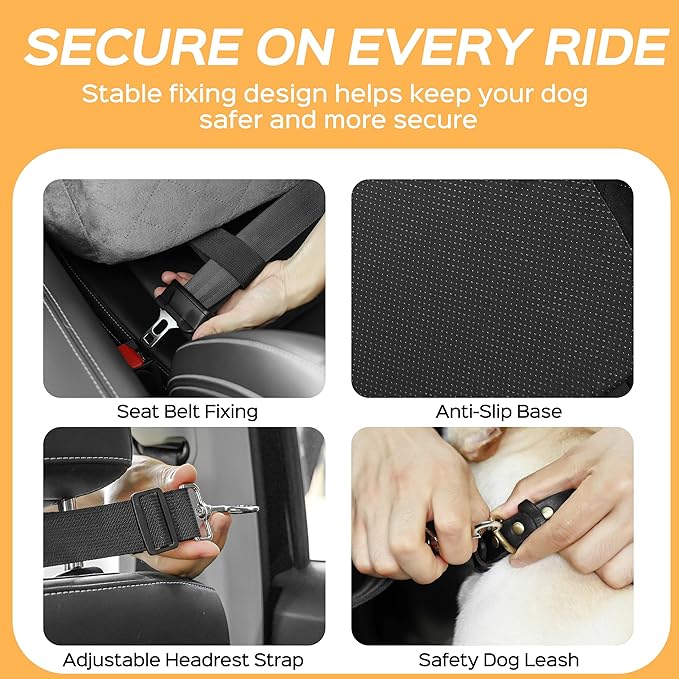 HiPetpy Dog Car Seat 6" Elevated Memory Foam Booster Seat for Small Medium Dogs Under 35 lbs with Pet Blanket, Washable Pet Car Seat with Safety Leash, Anti-Slip Base and Storage Pockets