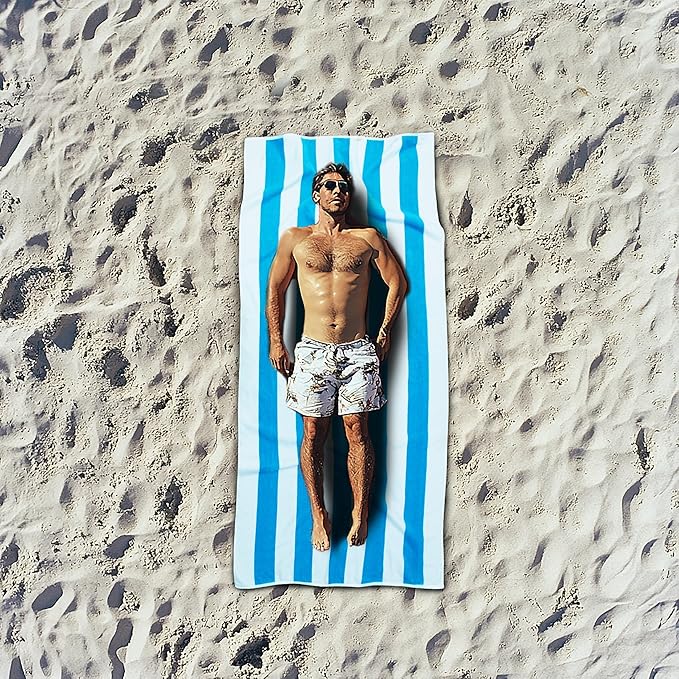 COTTON CRAFT Oversized Beach Towels - 2 Pack XXL 35x84 - The Big Kahuna 7 Foot Extra Large Beach Blanket Towel - Big & Tall - Huge 100% Cotton Velour Soft Luxury Pool Bath Towel - Cabana Stripe Aqua