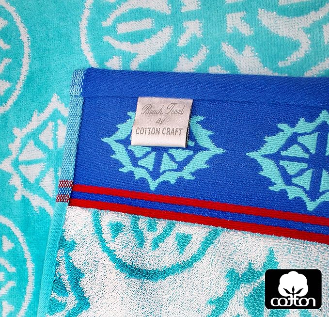 COTTON CRAFT Oversized XL Beach Towel 39 x 68-2 Pack - 100% Cotton Velour - Big & Huge - Pool Picnic Bath Towels - Jacquard Terry Thick Plush Super Soft Luxury - 450 GSM - Summer Trellis Pool Blue