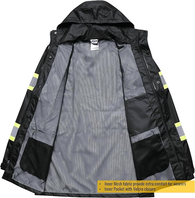 JKSafety Hi-Vis Reflective Safety Rain Jacket and Pants for Men Women Waterproof Rain Gears for Farming Fishing Work HV Rain Suit with Inner Mesh Lining and Pockets (117-Black M)