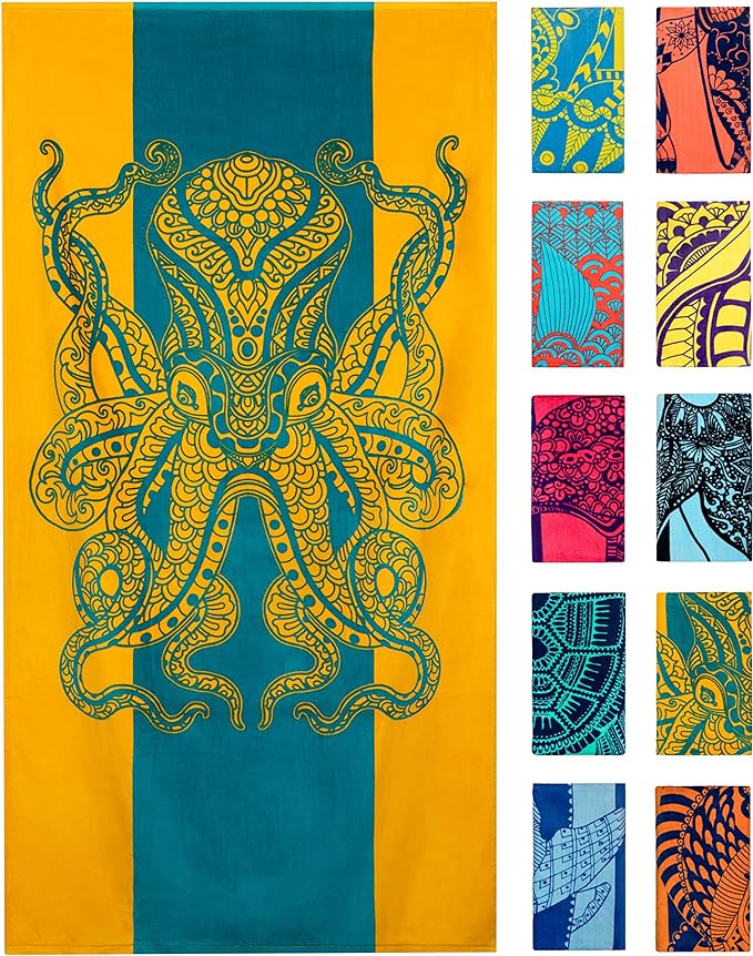 Nova Blue Octopus Beach Towel (34 X 63) – Orange & Teal Colorway with Tropical Design Travel Beach Towels Made from 100% Cotton – Vibrant Colorful Blanket Towel –Beach Towel for Adults
