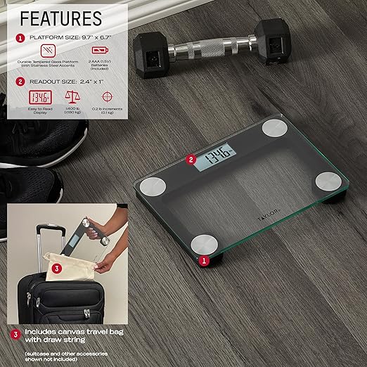 Taylor Digital Bathroom Scale for Body Weight with Travel Bag - Clear Glass Platform, 400 lb Capacity, Stainless Steel Accents, Triplex Display