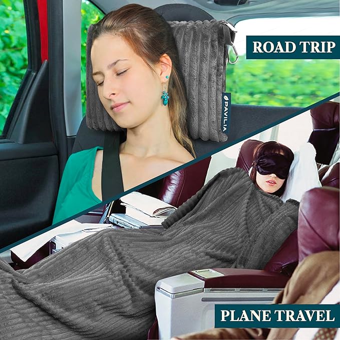 PAVILIA Travel Blanket Pillow, Airplane Blanket Set in Soft Bag with Pockets, Plane Blanket Compact Packable, Flight Essentials Car Pillow, Travelers Accessories Gifts, Luggage Strap, Gray