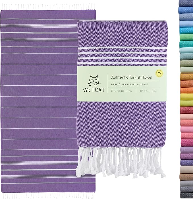 WETCAT Turkish Beach Towel Oversized (38"x71") 100% Turkish Cotton, Made in Turkey - Sand Free, Extra Large, Ultra Soft, Quick Drying, Compact & Lightweight for Travel - Dark Purple