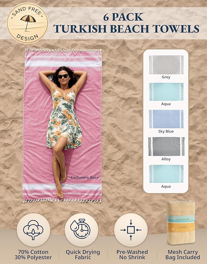 LANE LINEN Beach Towels 6 Pack, Oversized Beach Towel, Lightweight Beach Essentials for Women, Large Pool Towel, Absorbent & Quick Dry, Sand Free Beach Towel, 39"x71" - Nautical Color