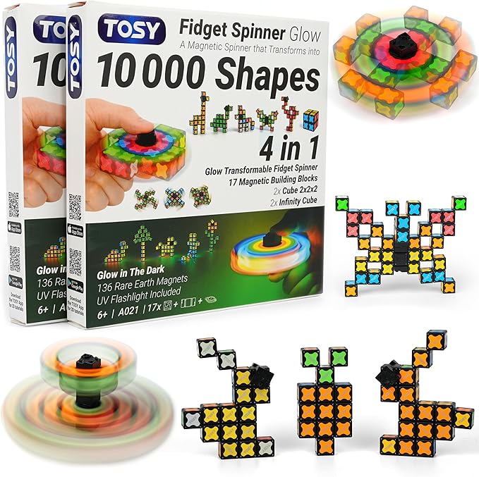 TOSY Magnet Fidget Spinner Glow - 16 Blocks, 3in1 Toy: Transformable Fidget Spinner, Infinity/Puzzle Cube, Easter Basket Stuffers Gift for Kids/Adults, Glowing STEM Sensory Stress Relief, 2-Pack