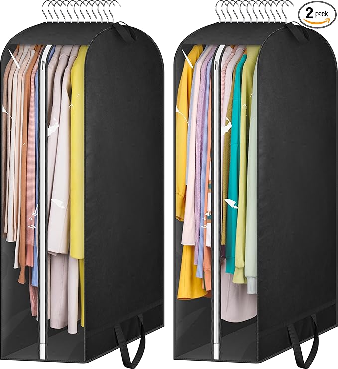 KIMBORA 10" Gusseted Clear Garment Bags for Hanging Clothes Storage, 43" Suit Bags for Closet Storage with Handles, Garment Covers for Coats, Jackets, Sweaters (2 Packs, Black)