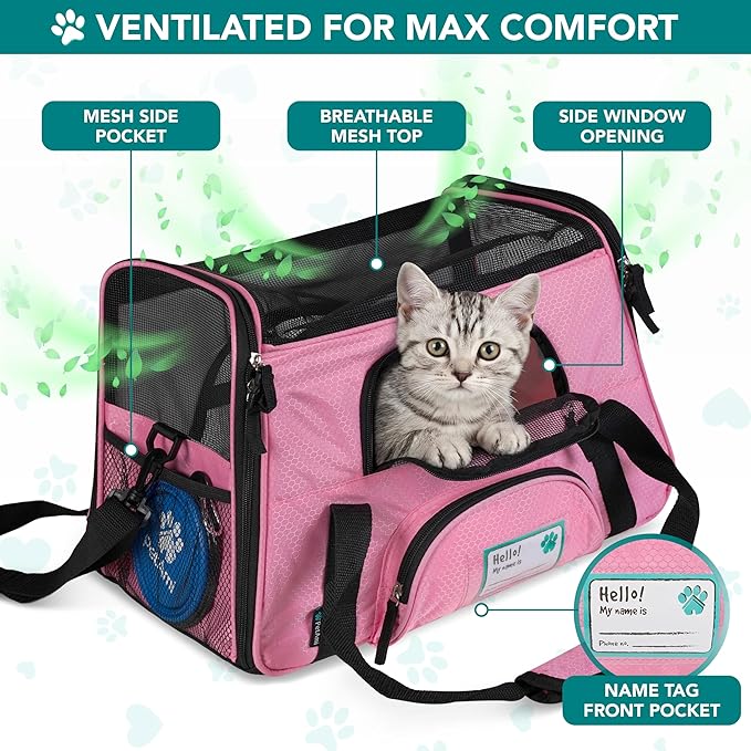 PetAmi Airline Approved Pet Carrier for Cats & Small Dogs, Soft Sided TSA Travel Carrier Bag with Sherpa Bed, Breathable Mesh Ventilation, Collapsible Bowl, Fits Under Seat, Up to 18 lbs, Small Pink