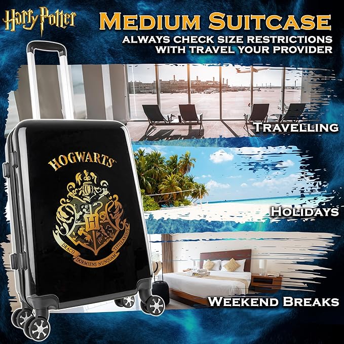 Harry Potter Suitcase for Kids Teens Hogwarts Hard Shell Luggage Rolling Suitcase 4 Wheels Travel Essentials Vacations Trips (M/L26”xW16.5”, 60L, Black)