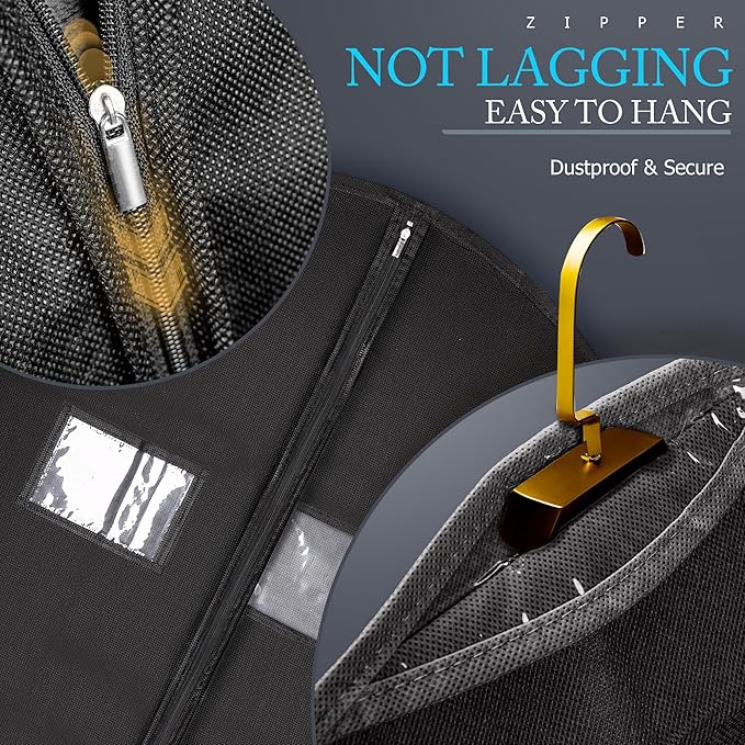 Hleelomi 60-inch Garment Bags for Travel, Garment Bags for Hanging Clothes with Zipper and Visible Transparent Window, 2 Pack，Black
