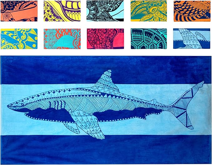 Nova Blue Shark Beach Towel – Blue with A Tropical Design, Extra Large, XL (34”x 63”) Cool Hawaiian, Navy Beach Towel with Light Blue Stripe, Made from 100% Cotton