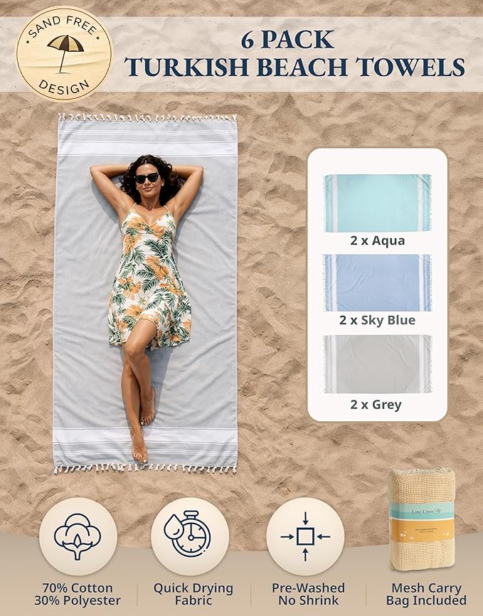 LANE LINEN Beach Towels 6 Pack, Bulk Beach Towels Oversized, Pool Towels for Adults, Pre-Washed, Sand Free Beach Towel, Fast Drying Beach Towel, 39"x71" - Classic Color