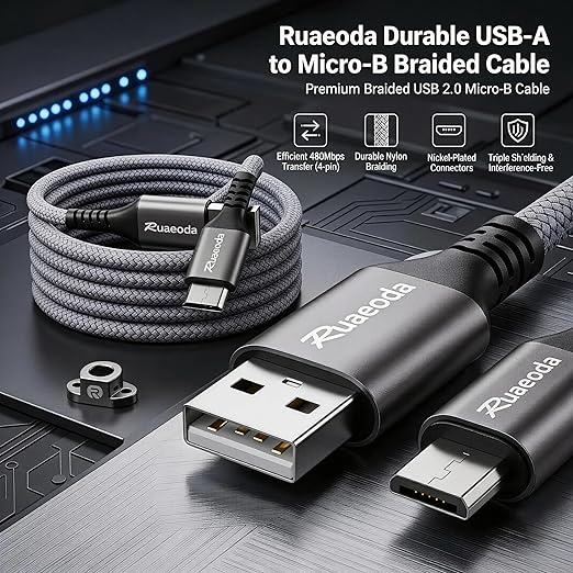 Micro USB Cable 10 ft, Android Charger Cord, High-Speed Fast Charging & Data Sync, Braided Nylon Durable Lead for Samsung Galaxy S7 S6 J7, Kindle, PS4/Xbox, Security Camera (Gray)