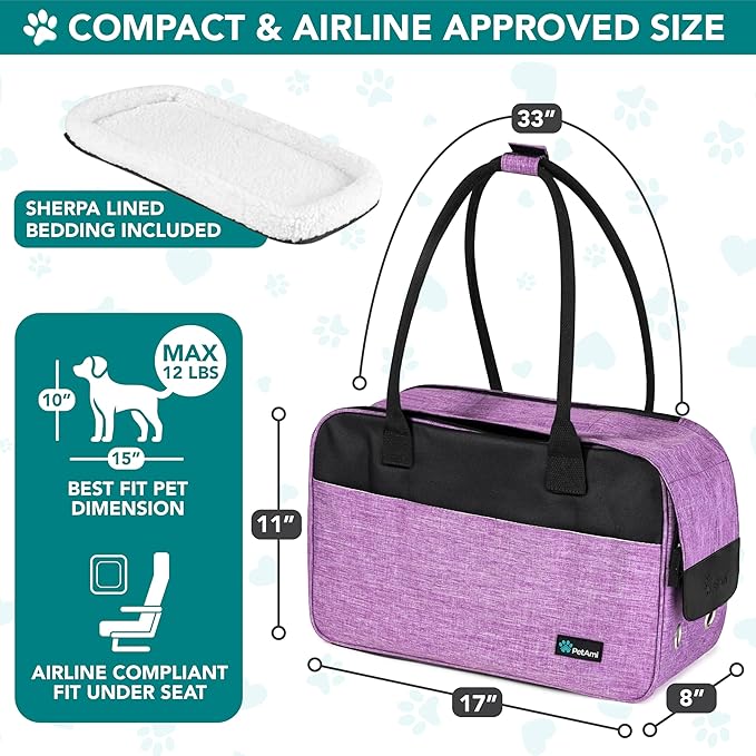 PetAmi Dog Purse Carrier for Small Dogs Cats, TSA Airline Approved Soft-Sided Pet Carrier with Pockets, Ventilated Travel Tote Bag with Bed & Shoulder Strap, Puppy Kitten, Max 12 lbs, Purple