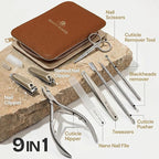 Beauty Power 9 in 1 Professional Manicure Pedicure Set - Stainless Steel Nail Clippers, Nano File, Cuticle Nipper, Scissors, Tweezers, Travel PU Leather Case for Men & Women - Gift Idea - Brown