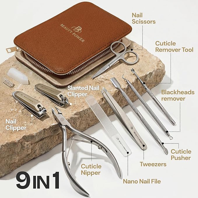 Beauty Power 9 in 1 Professional Manicure Pedicure Set - Stainless Steel Nail Clippers, Nano File, Cuticle Nipper, Scissors, Tweezers, Travel PU Leather Case for Men & Women - Gift Idea - Brown