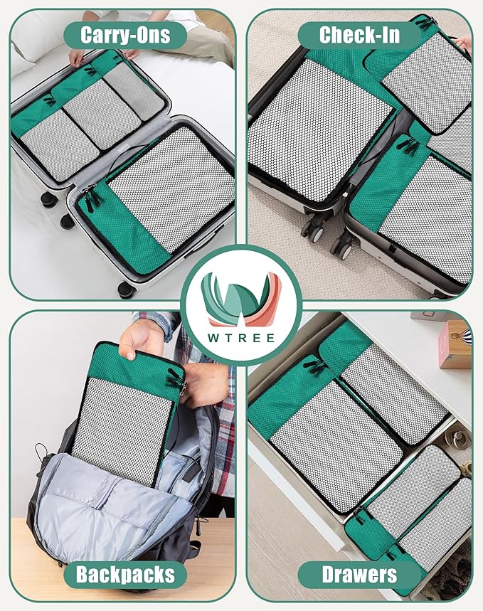 WTREE 4-Piece Packing Cubes Travel Accessories Set for Suitcases - Luggage Organizer Bags with Double Zipper - Mesh Top - Small/Medium/Large/Slim - Green