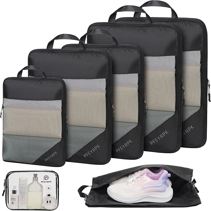PFEYRPK Lightweight Compression Packing Cubes for Suitcases, Compressible Expandable Travel Packing Organizer with Clear Toiletries and Backpack Bag, Travel Essentials for Carry on Luggage 7 Set
