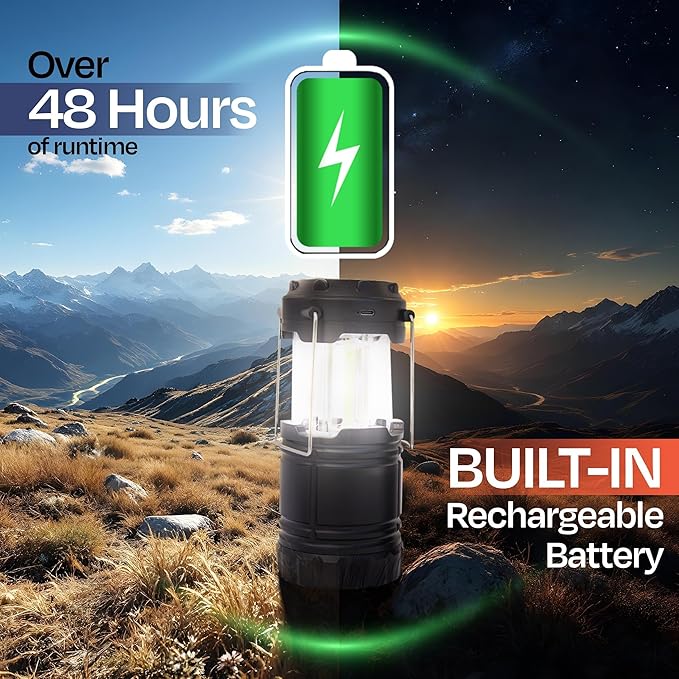 Rechargeable Camping Lantern, Pack of 2 - LED Camping Lantern Battery Powered, Waterproof Solar Lantern for Emergency, Hiking & Power Outages | USB-C Rechargeable, Collapsible, 360° Light