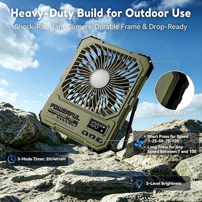Portable Fan, Camping Fan, 20000mAh 6-Inch 18-85H Rechargeable Ultra Thin Foldable with Built-in Power Bank, LED Light, Remote Control, Hook for Outdoor Camping Tent RV Travel (Khaki)