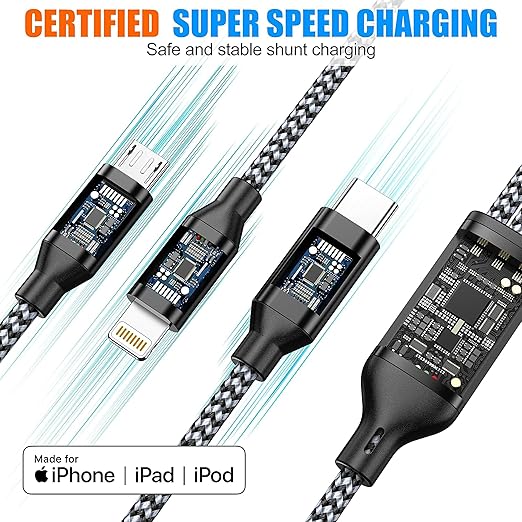 Xnewcable Multi Charging Cable 4ft 2Pack 3 in 1 Charger Cord, Multiple Rapid Nylon Braided Cable USB Charging Cable Multi Phone Charger Cord with Type C Micro Lightning USB Connectors for Cell Phones