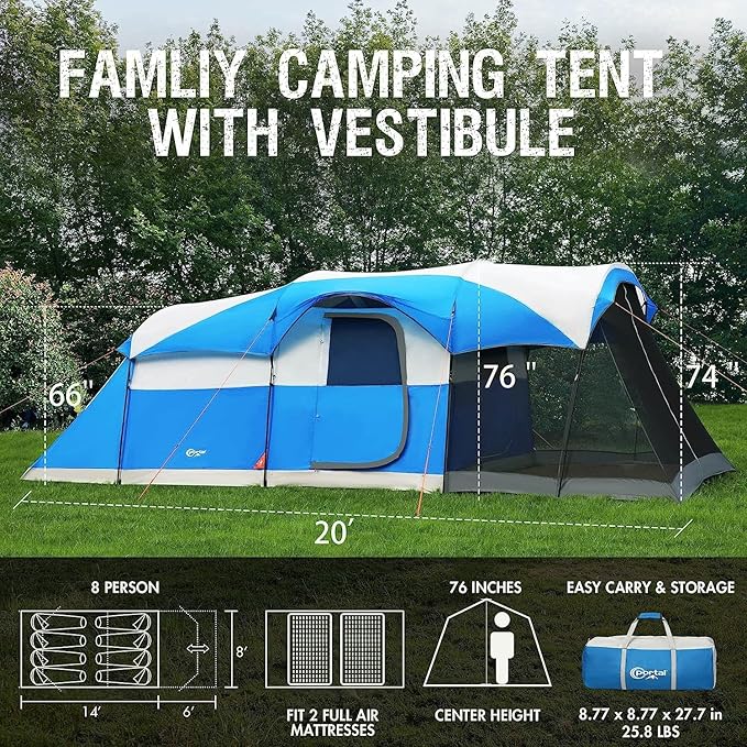 PORTAL 6/8/10 Person Family Camping Tent with Screen Room, Water Resistant Big Tunnel Tents with Rainfly, Large Family Tent for Camping, Outdoor, Patio