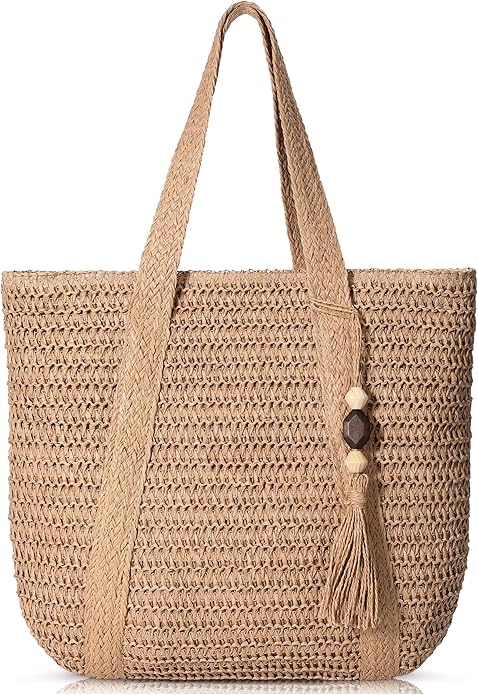 Beach Bags for Women - Straw Bag with Zipper, Soft Woven beach bag, Casual Straw Shoulder Bag for Daily Use