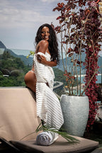 Black & White Brands Brazilian Beach/Pool/Bath Towel - Ultimate Absorbent Luxury XL 36x70 100% Cotton Wave (4 White Towels, Poly Pinstripe)