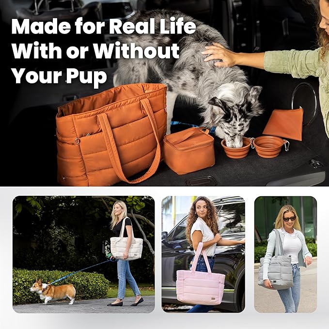 rubyloo Puffer Dog Travel Bag for Dog Moms – Doggy Diaper Bag with Pet Bowls & Food Storage or Everyday Puffy Tote – Doggy Mom Gifts for Women – Lightweight, Travel-Ready Gift for Pet Lovers - Rust