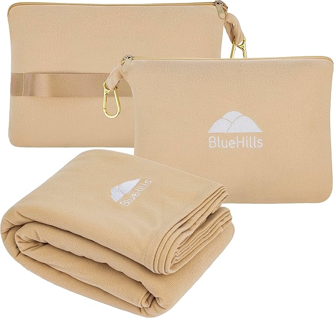 BlueHills Ultra Compact and Compact Light Travel Blankets for Two Value Pack Set of 2 – Airplane Travel Essentials Soft Flight Trips Throw in Portable Cases for Car Plane Travel Gifts – Beige
