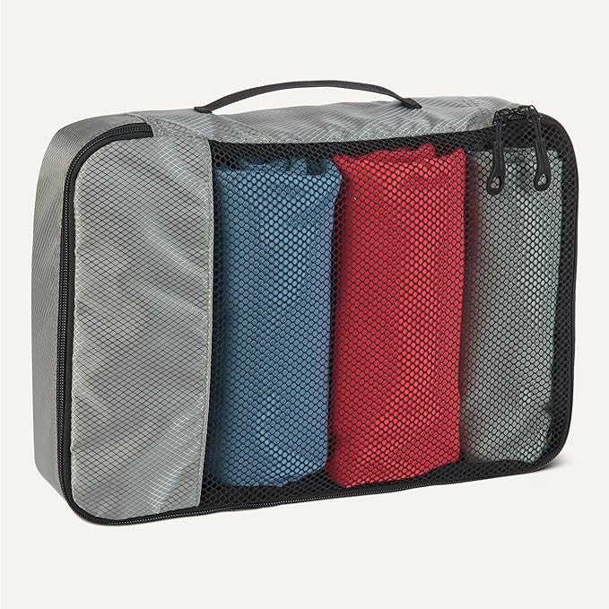 Amazon Essentials 4-Piece Packing Cubes Travel Accessories Set, Space-Saving Luggage Organizer with Double Zipper, Mesh Top Panel, Small/Medium/Large/Slim, Gray (Previously Amazon Basics)