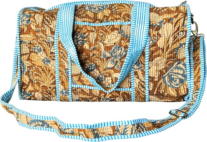 ATOSII Large Duffle Bag, Handblock Print 100% Quilted Cotton for Overnight Trip, Travel Weekender, Luggage, 2 Pockets with Zipper, 1 Front Pocket, Detachable Long Strap, 20 X 10 X 12 Inches, Sienna