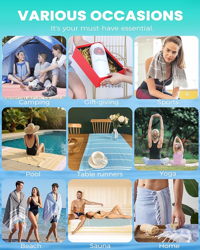 2 Pack Antfuny Turkish Beach Towel Vacation Essentials Quick Dry Sand Free Soft Absorbent Adult Oversized Bath Pool Swim Long Wide Stripe Towel Sound Cloud Linen Mat Summer Thing Lightweight Thin Blue