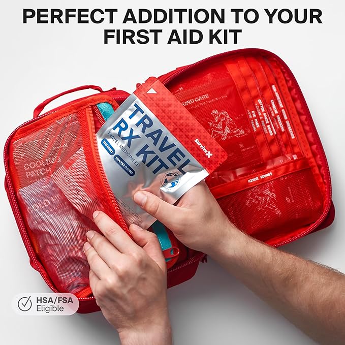 SurviveX Travel Medicine Kit - Compact TSA-Approved Medication Pack for Travel, Camping, Cruises - Includes Over-the-Counter Individual Medicine Packets