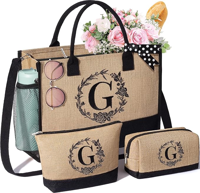 Personalized Gifts for Women Tote Bag, Initial Jute Tote Bag & Makeup Bags Monogrammed Beach Bag w/ Zipper, Mothers Day Birthday Gifts for Women Her Friends Mom Daughter Sister Grandma Teacher Nurse