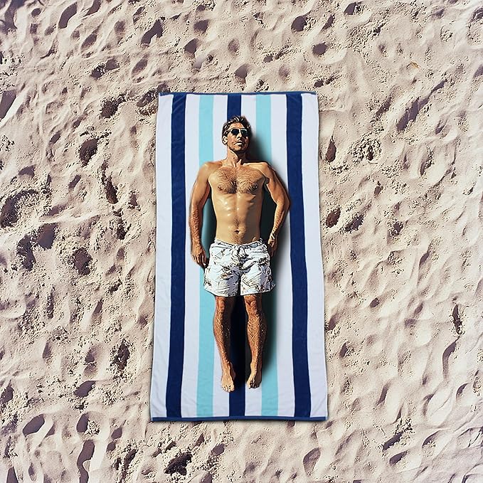 COTTON CRAFT Oversized Beach Towels - 2 Pack XXL 35x84 - The Big Kahuna 7 Foot Extra Large Beach Blanket Towel - Big & Tall - Huge 100% Cotton Velour Plush Soft Luxury Towel - Cabana Stripe Blue