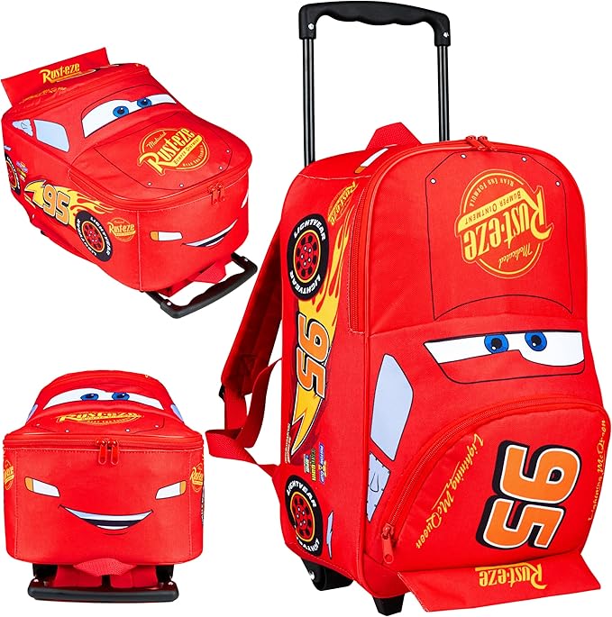 Disney Cars Lightning McQueen Carry-On Luggage with Wheels & Telescopic Handle for Kids 17”– 18.5L, Lightweight Travel Bag for Boys & Girls, Trips & Vacation Gifts