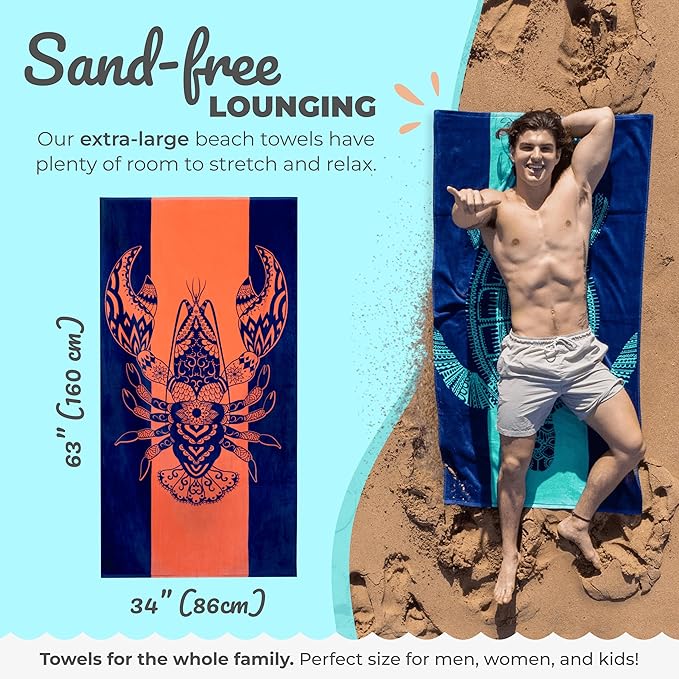Nova Blue Lobster Beach Towel (34 X 63) - Solid Color Beach Towel Made from 100% Cotton – Coral Stripe Large Beach Towels with Tropical Design – Extra Large, XL Beach Blanket
