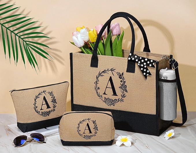 Personalized Gifts for Women Tote Bag, Initial Jute Tote Bag & Makeup Bags Monogrammed Beach Bag w/ Zipper, Mothers Day Birthday Gifts for Women Her Friends Mom Daughter Sister Grandma Teacher Nurse