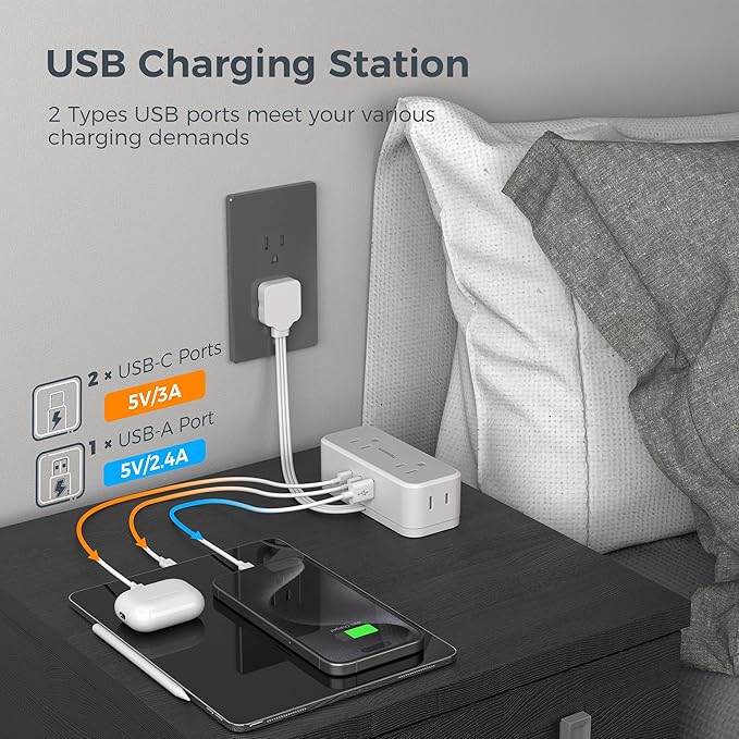 TESSAN Short Extension Cord 0.5Ft, Flat Plug Outlet Extender with 4 Widely AC with 3 USB Ports (2 USB C), Multi Plug Small Power Strip for Travel, Home, College Dorm Essentials, Gray