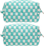 PAZIMIIK Checkered Makeup Bag for Purse Portable Zipper Make Up Pouch Small Cosmetic Case for Travel Accessories (2PCS Arctic Blue)