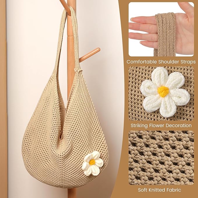 Premillow Crochet Beach Bags for Women, Summer Beach Tote Bag, Mesh Cute Beach Purse, Aesthetic Knit Bag Handbag Shoulder Bag