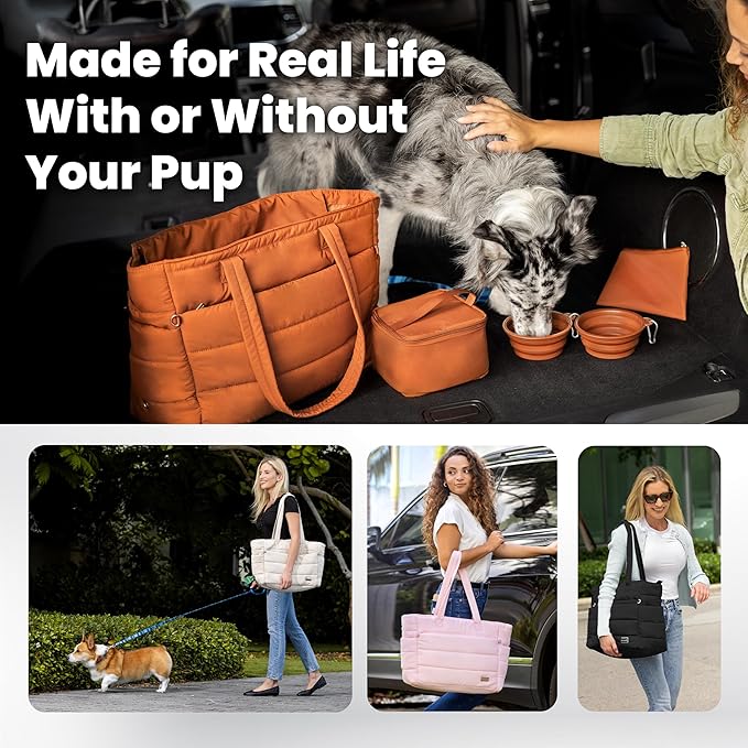 rubyloo Puffer Dog Travel Bag for Dog Moms – Doggy Diaper Bag with Pet Bowls & Food Storage or Everyday Puffy Tote – Doggy Mom Gifts for Women – Lightweight, Travel-Ready Gift for Pet Lovers - Black