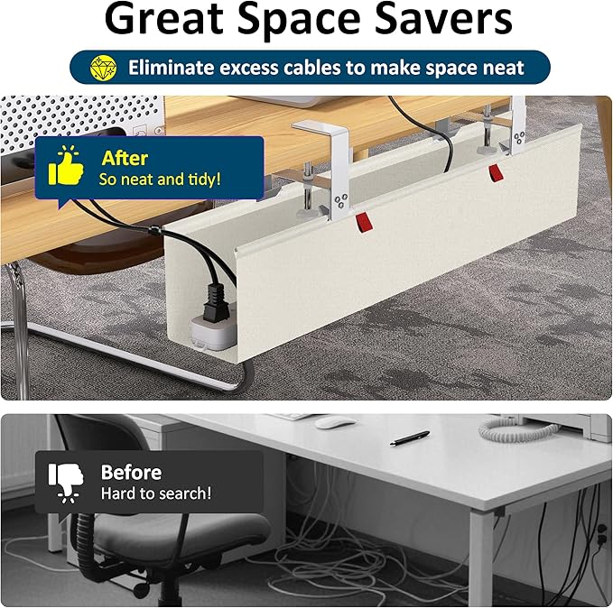 28" Small Under Desk Cable Management Tray No Drill, Compact Clamp On Cord Organizer for Dorm & Small Desk, Anti-Sag Oxford Fabric Wire Hider, Power Strip Holder (Beige, 28.6")