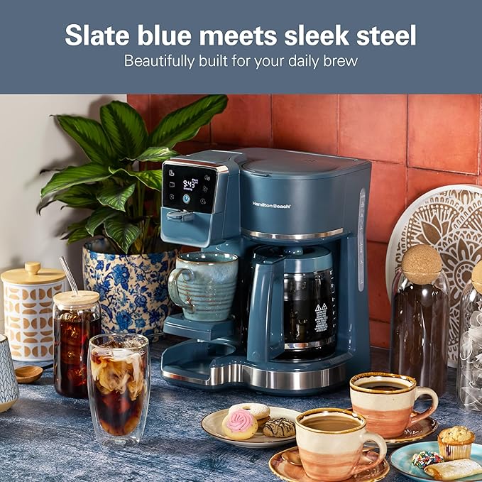Hamilton Beach 2-Way 12 Cup Programmable Drip Hot and Iced Coffee Maker & Single Serve Coffee Machine, AquaFlow Showerhead, Glass Carafe, Auto Pause and Pour, Kitchen Makeover Blue (47502J)