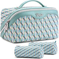 BOYATU Travel Makeup Bags for Women: Large Capacity Cosmetic Bag Set of 3 - Vegan Leather Make up Bags with Compartments - Wide Open Waterproof Toiletry Organizer Bag with Handle (P-02-Blue)