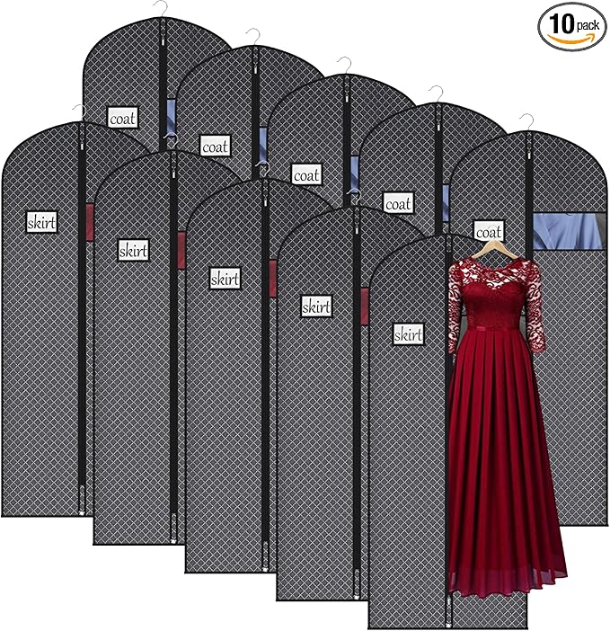 Univivi 60 Inch Lightweight Garment Bag for Hanging Clothes, Full Zipper Dress Bags for Gowns Dress Cover with Clear Window and ID Card Holder for Suits, Long Dress, Coats, 10 Pack, Black